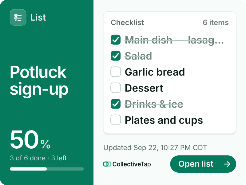 Chat preview card of a CollectiveTap List link: potluck sign-up, 3 of 6 done