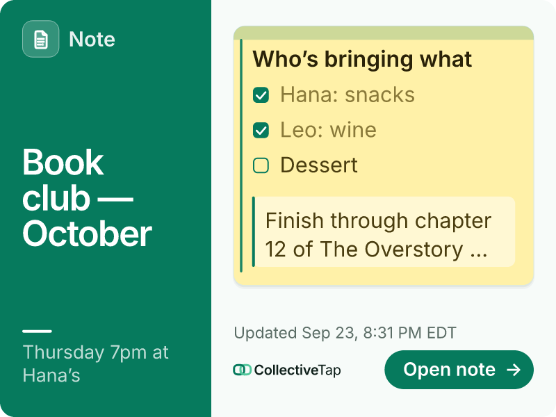 Chat preview card of a CollectiveTap Note link: the book club’s sticky note, dessert still open