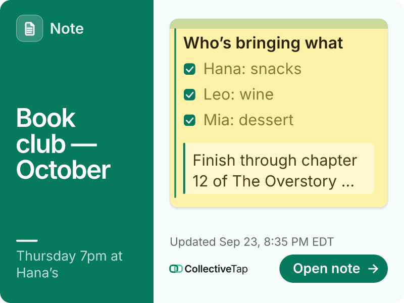 The Note link shared again later: its card now shows dessert ticked off by Mia