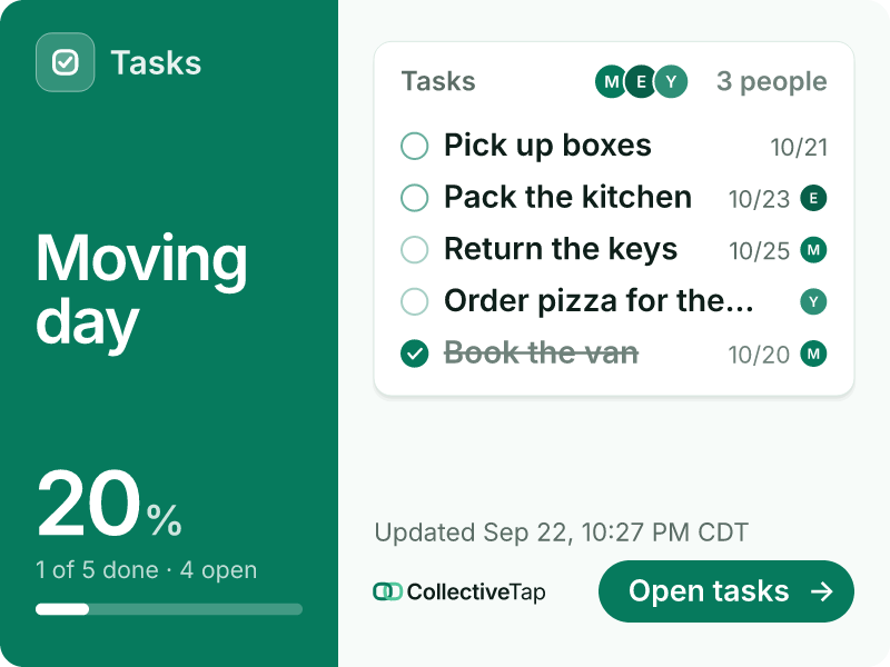 Chat preview card of a CollectiveTap Task link: moving day, 4 open and 1 done