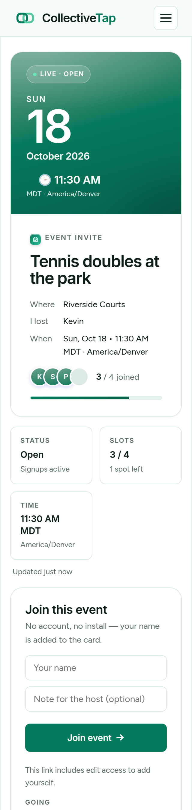 The live Event page: tennis doubles at the park, 3 of 4 joined, with a Join event form