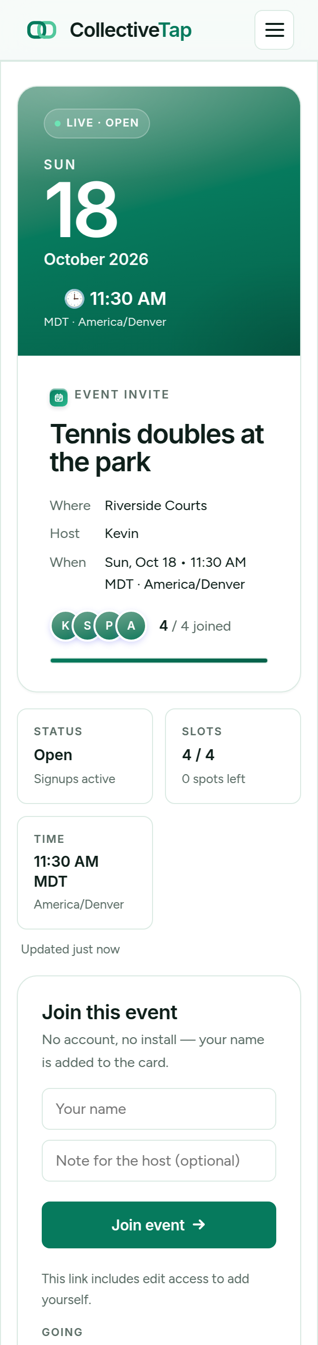 The live Event page after joining: 4 of 4 joined