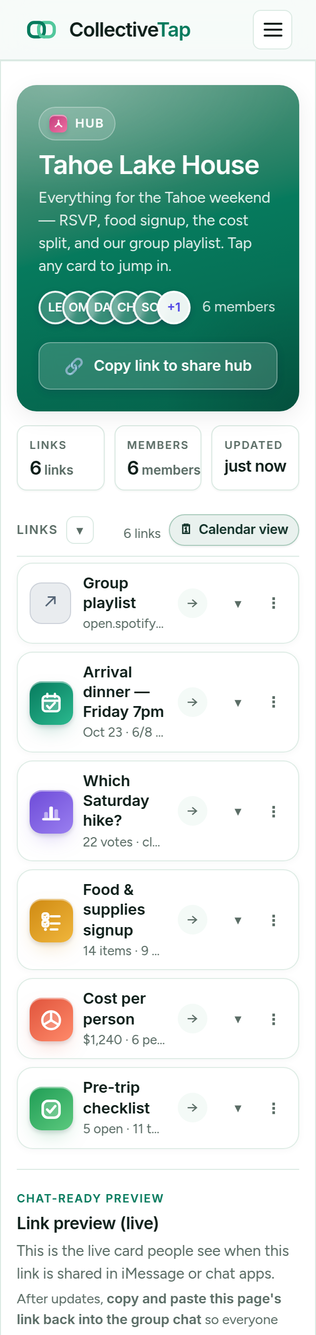 The live Hub page: the trip’s dinner RSVP, hike vote, food signup, cost split, checklist and playlist as cards
