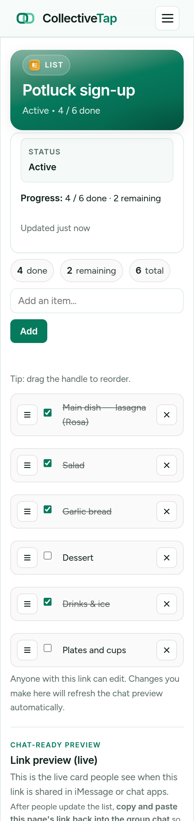 The live List page after checking off garlic bread: 4 of 6 done