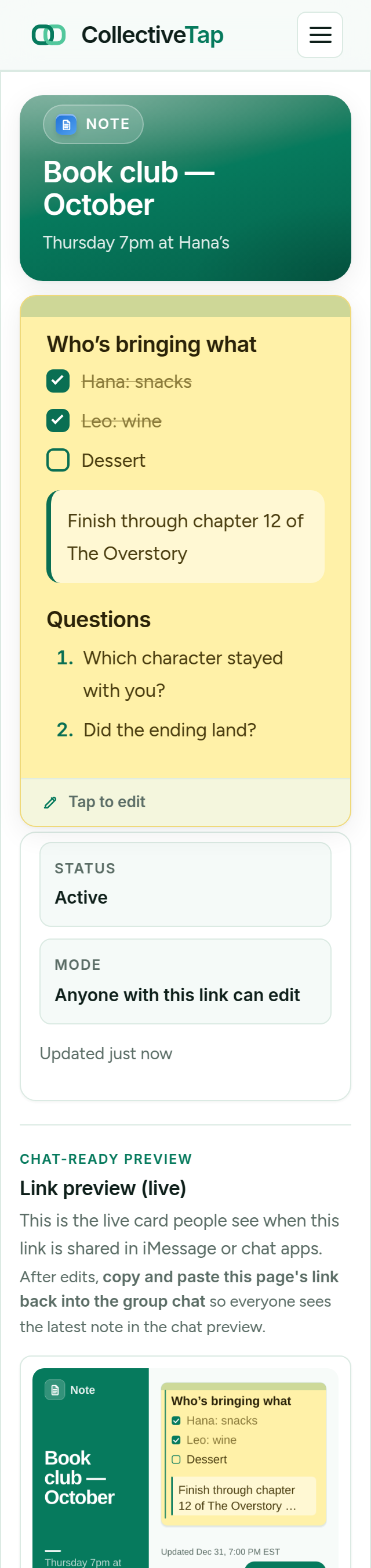 The live Note page: the book club’s sticky note with a checklist and a Tap to edit bar