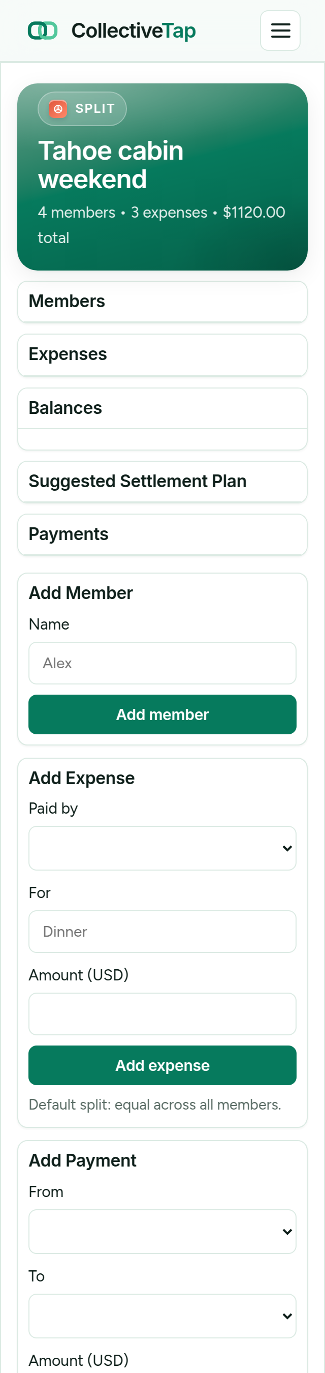 The live Split page: three expenses and an Add expense form
