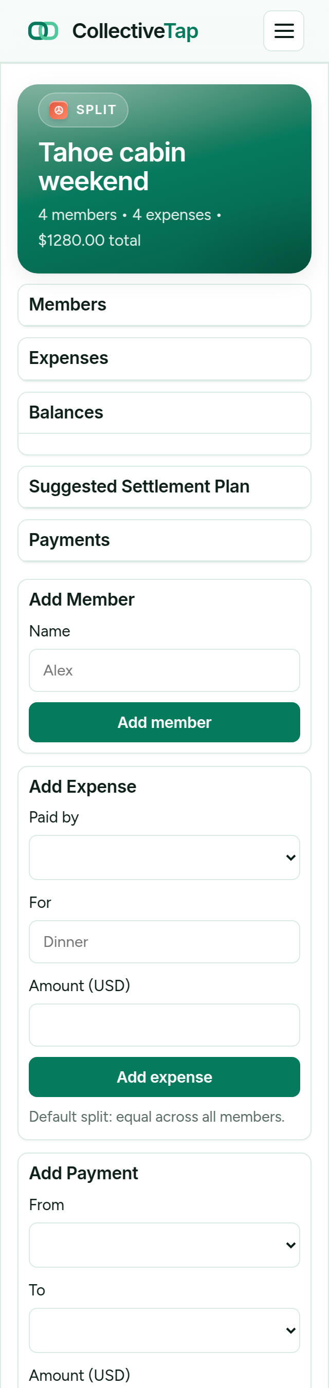 The live Split page after adding dinner: four expenses