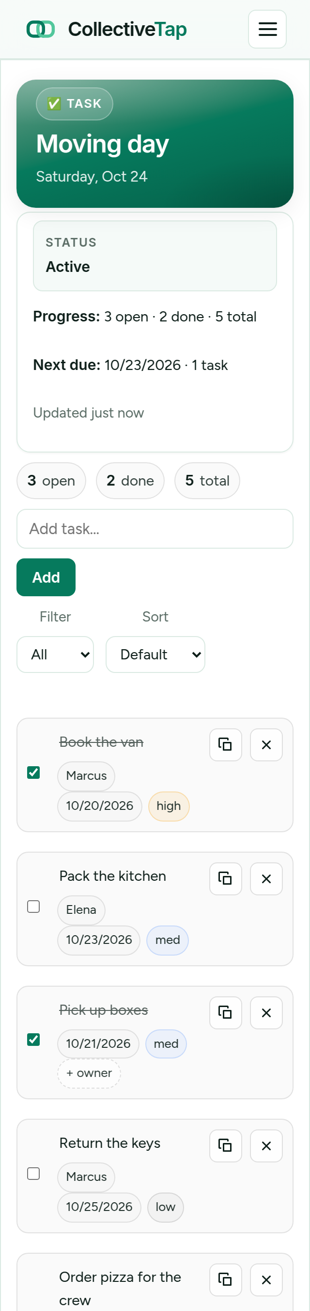 The live Task page after ticking off pick up boxes: 3 open
