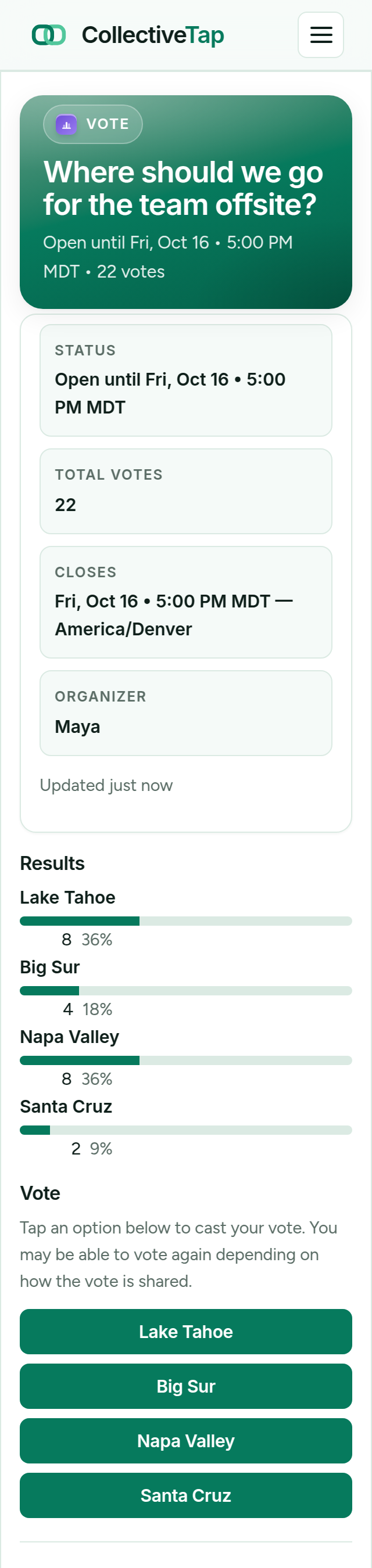 The live Vote page: 22 votes and the four options as buttons