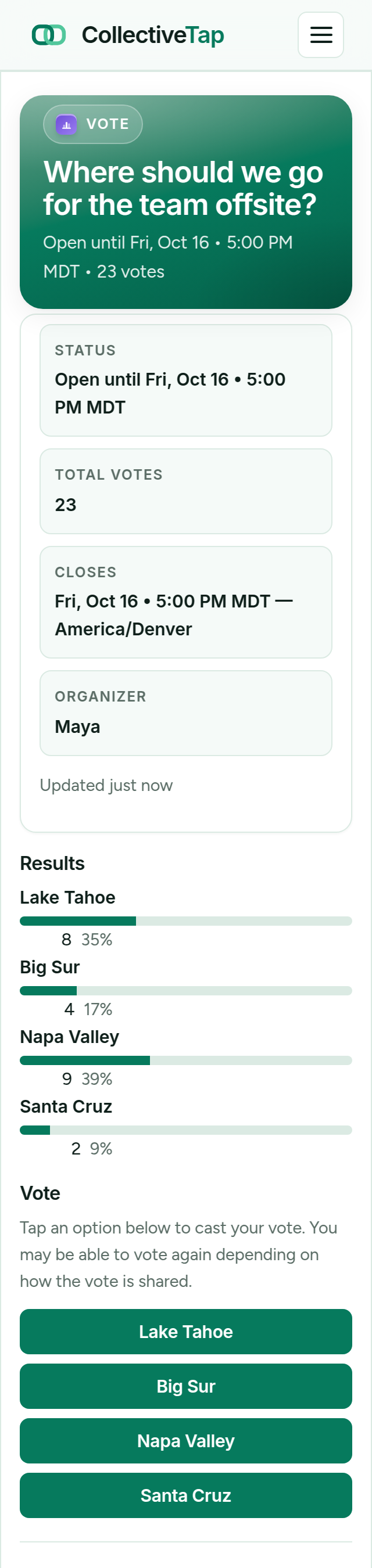 The live Vote page after voting: 23 votes
