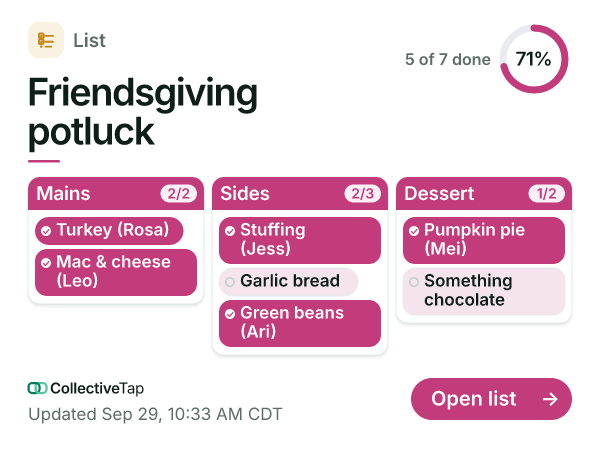 The same List link in the Light look, Board layout, in Rose. One tile per section, dishes as chips.