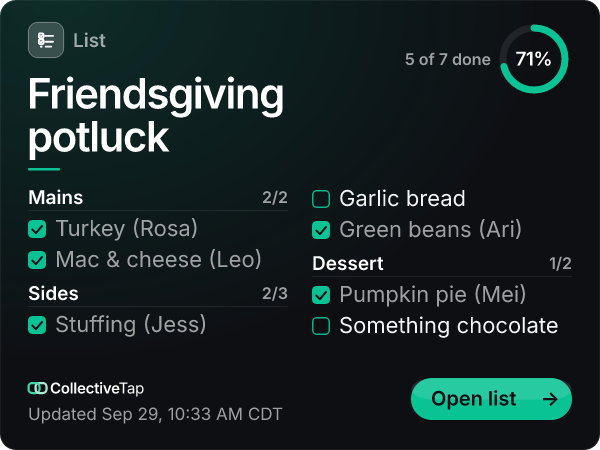 The same List link in the Dark look, Sheet layout, in Emerald. Two columns and a progress ring, after dark.
