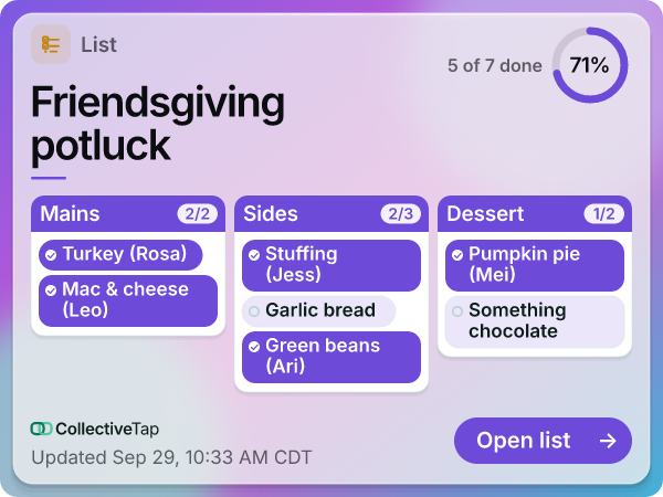 The same List link in the Glass look, Board layout, in Violet. The board on frosted glass.