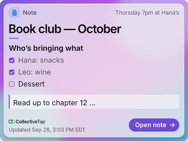The same Note link in the Glass look, Page layout, in Violet. The whole card is the page.