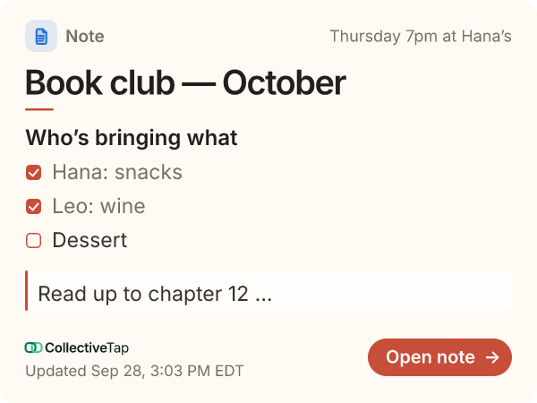 The same Note link in the Warm look, Page layout, in Coral. The page on warm, creamy paper.