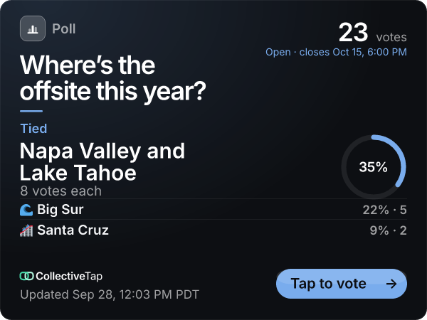 The same Vote link in the Dark look, Podium layout, in Blue. The leader at title size, with its share.