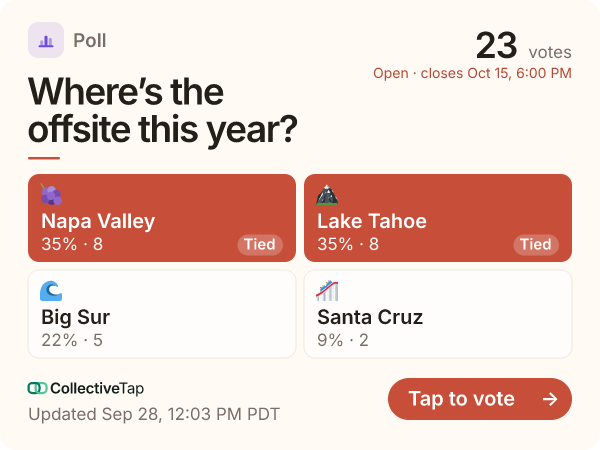 The same Vote link in the Warm look, Tiles layout, in Coral. One tile per option, the leader filled in.