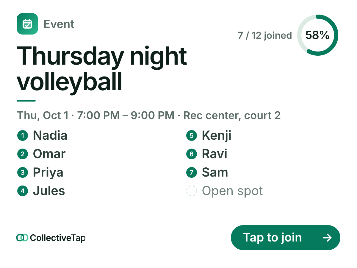 The team practice card: Thursday night volleyball