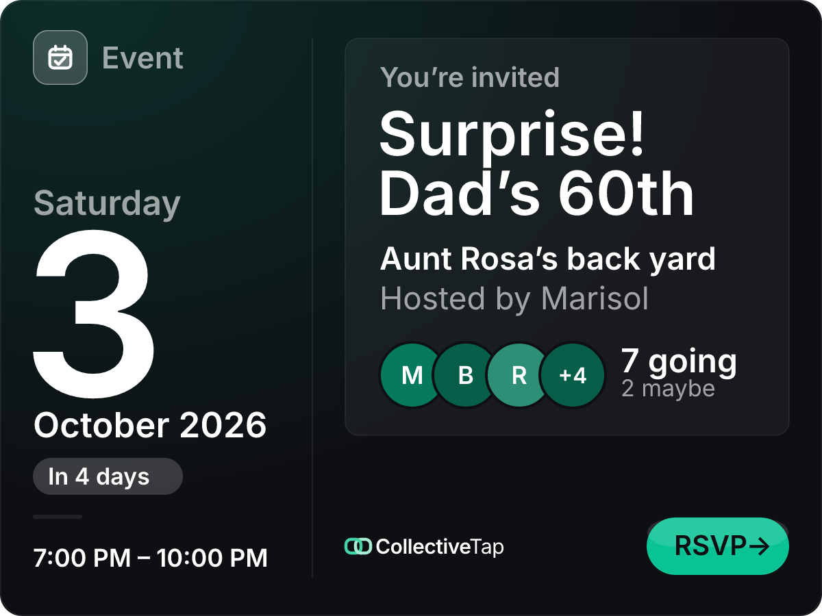 The surprise party card: Surprise! Dad’s 60th