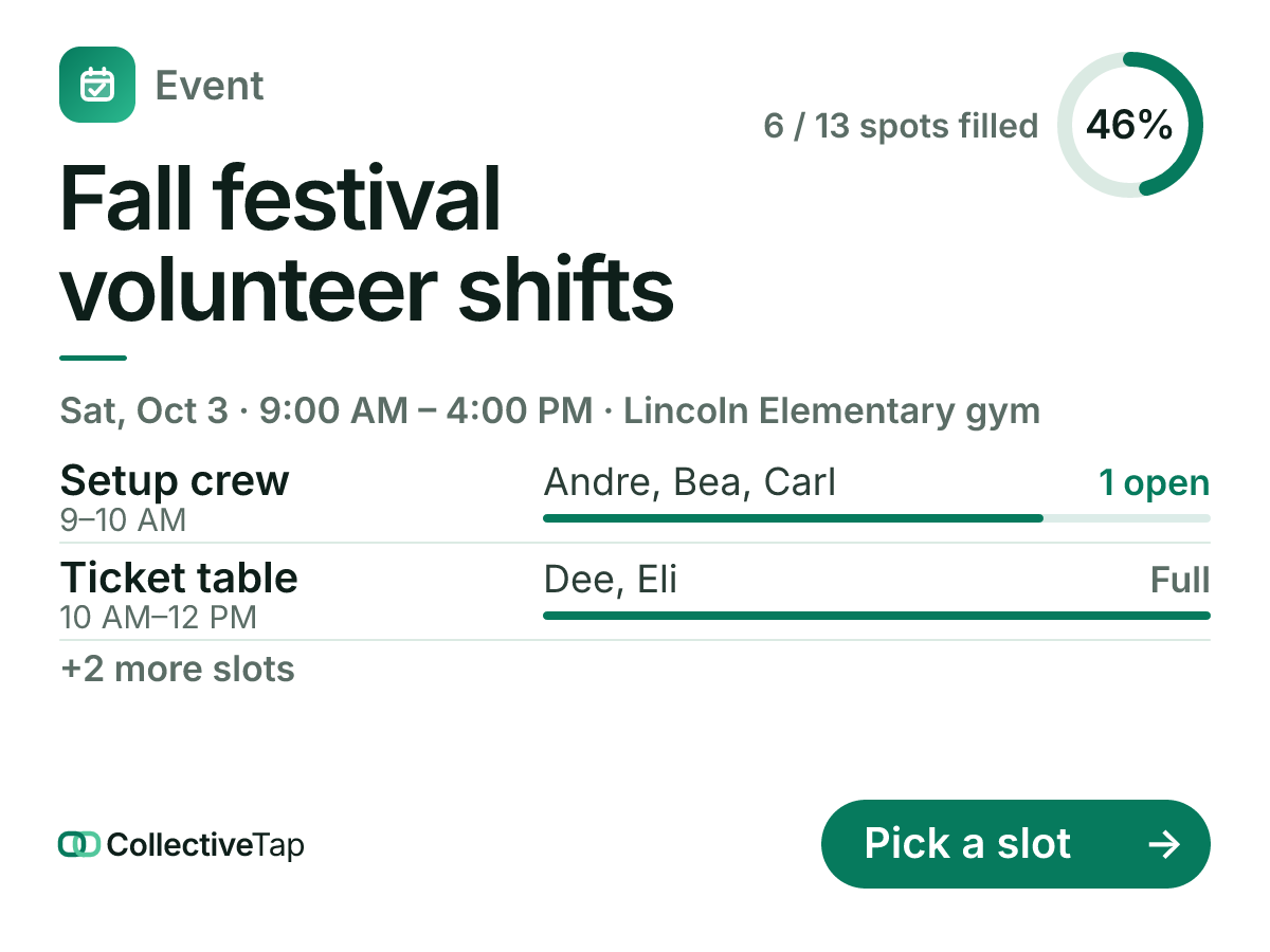 The volunteer shifts card: Fall festival volunteer shifts